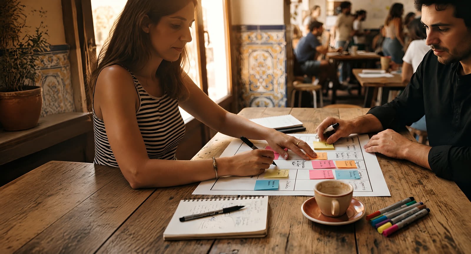 Primer plano de manos de personas emprendedoras trabajando juntas sobre un Business Model Canvas con notas adhesivas de colores, en una mesa de madera