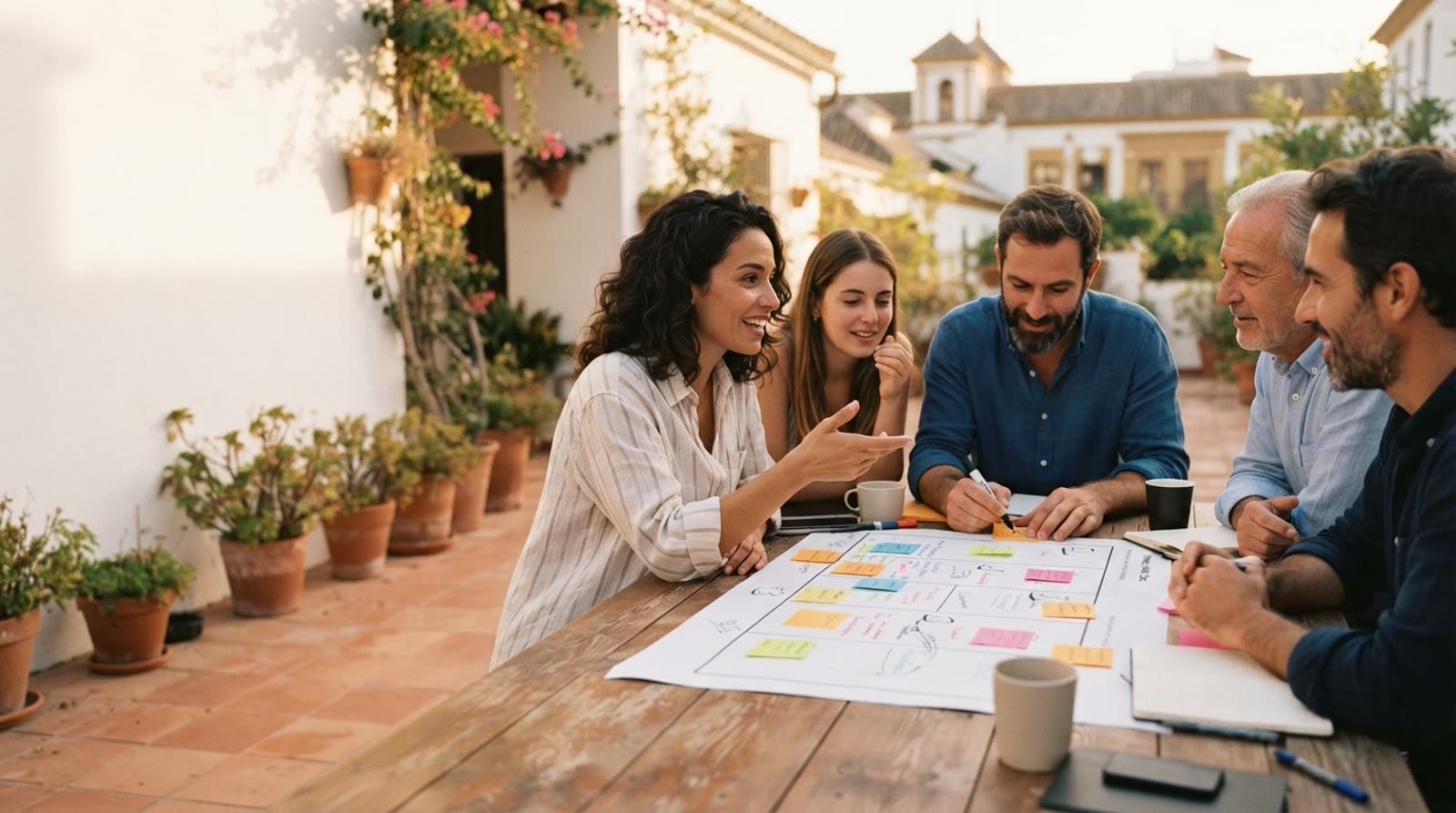 Grupo de personas emprendedoras trabajando juntas alrededor de una mesa sobre un Business Model Canvas, con notas adhesivas y conversación activa