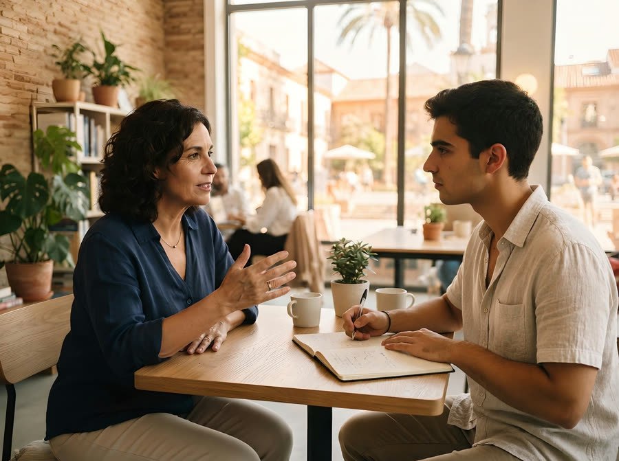 Una persona del equipo de Consultoría HOST conversando con una persona emprendedora en una mesa, con un cuaderno de notas abierto
