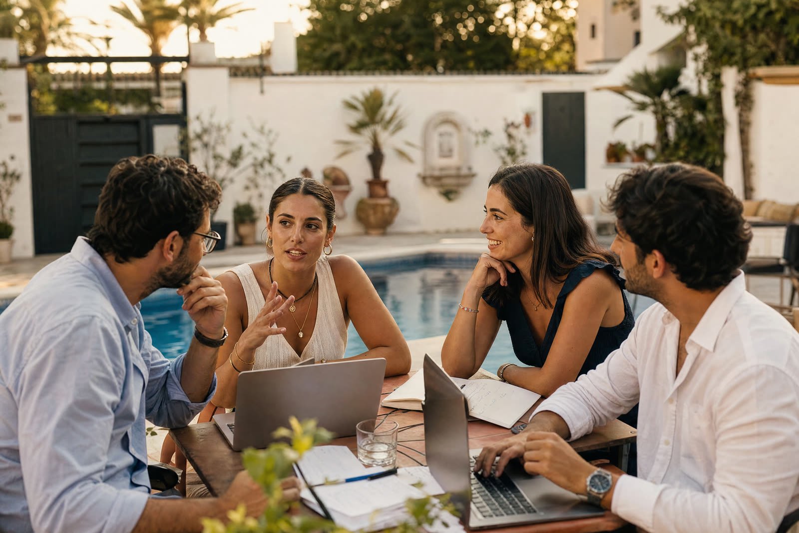 Grupo de personas emprendedoras conversando de forma distendida junto a la piscina, con portátiles y cuadernos sobre la mesa